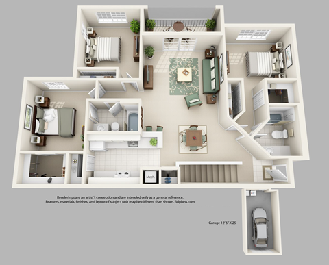 Floor plan for 3 beds, 2 baths, 1393 sqft